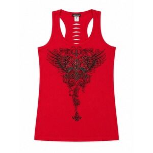 Liberty Wear Womens Red Winged Fleur De Lis Rhinestone Shredded Back Tank Top LG